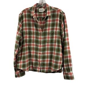 Pact Plaid Flannel Shirt Green Red Organic Cotton Gorpcore Utility Outdoor Sz S